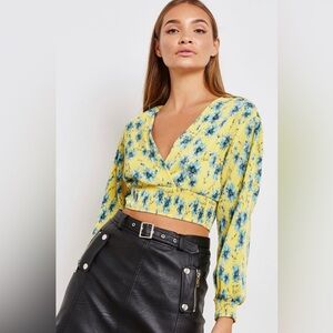Yellow floral crinkle long sleeve surplice Crop top